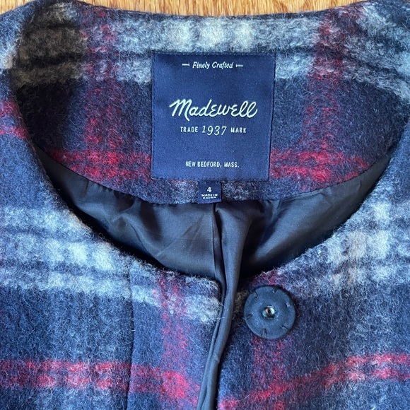 Madewell Plaid Wool Estate Coat Navy Red B2649 - Picture 6 of 9